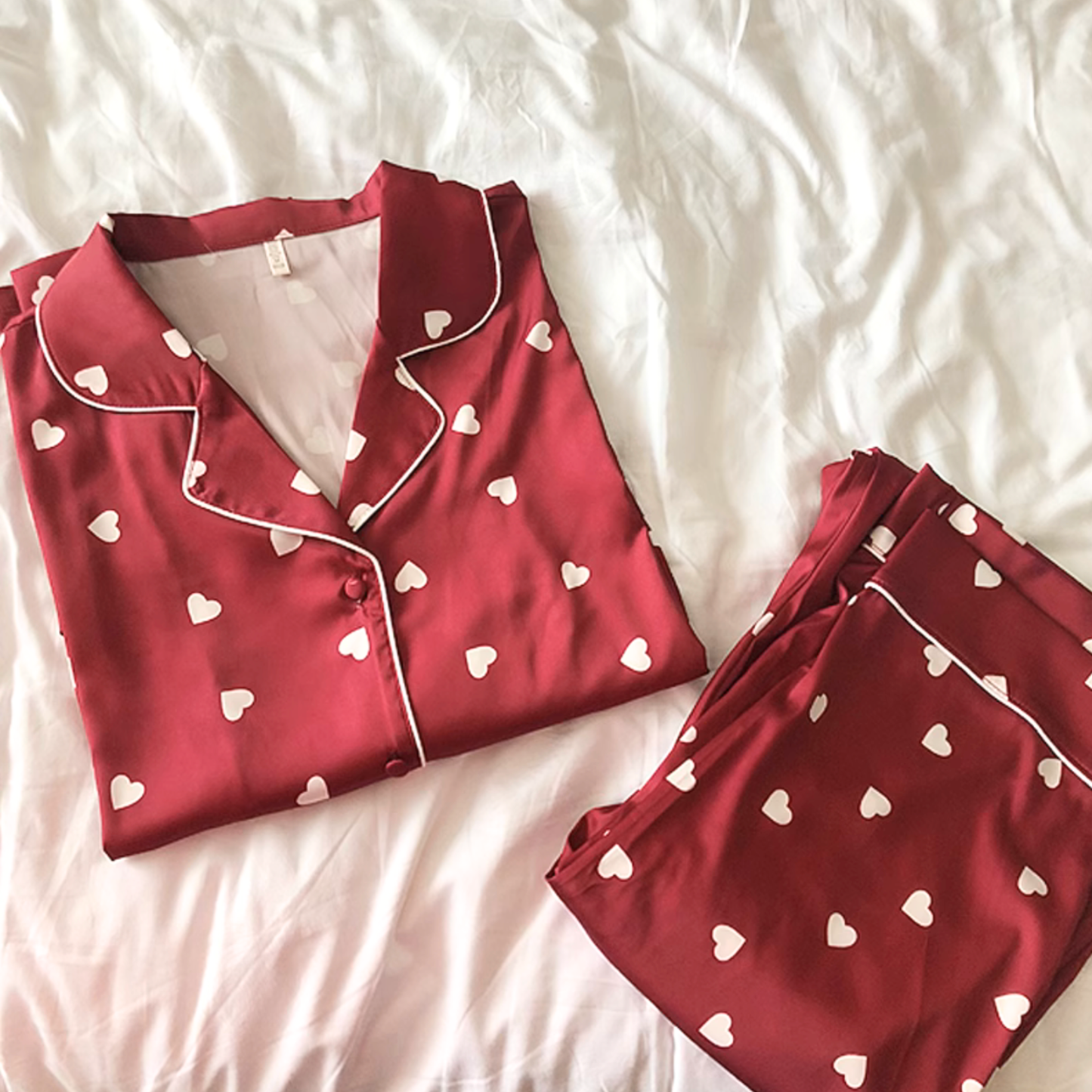 DrifWoo - Romantic Red Heart Satin Pajamas Women Set Gift for Her