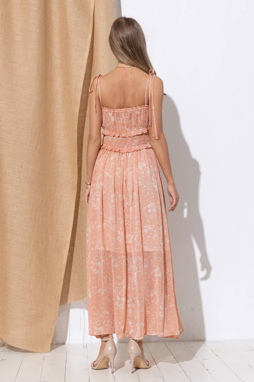 Blue B - 32048D - Chiffon Smocked Waist Ruffle Tie Shoulder Maxi: CANYON CLAY