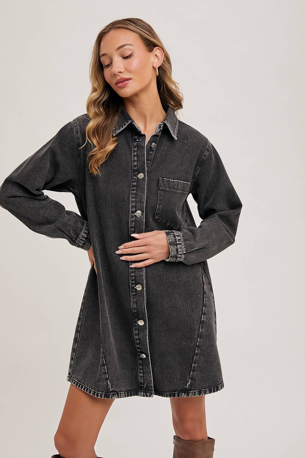 Bluivy - DENIM BUTTON DOWN SHIRT DRESS: WASHED BLUE