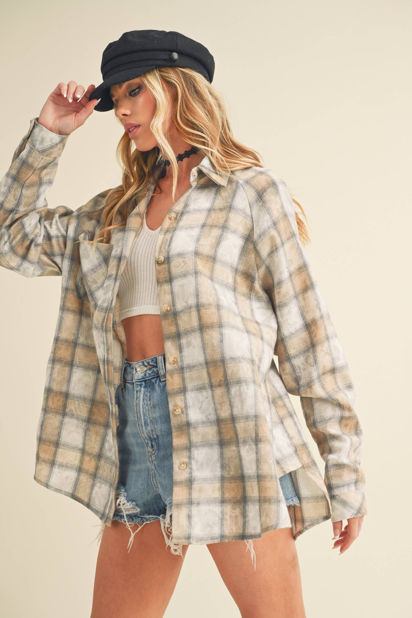 AEMI + CO - 8323DN Laura Plaid Washed Flannel Button Up: Contemporary / Oat
