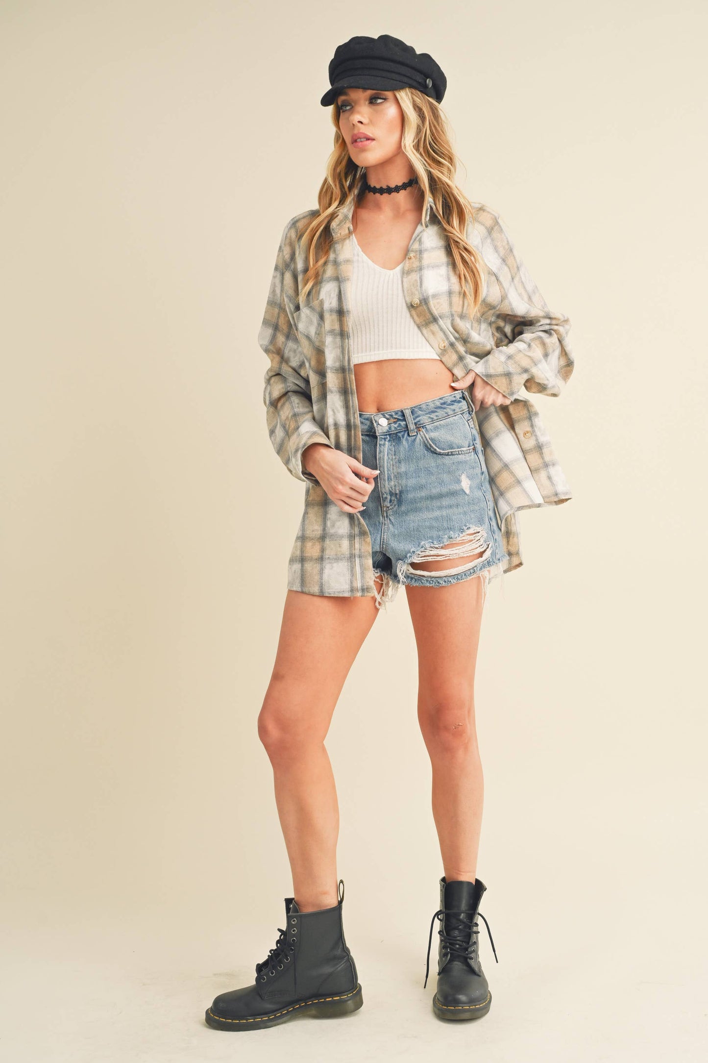 AEMI + CO - 8323DN Laura Plaid Washed Flannel Button Up: Contemporary / Oat