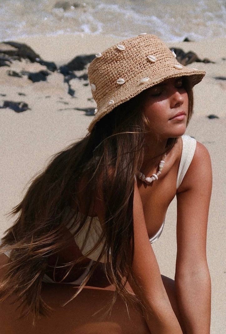 Augustine Hat Co. - Puka Dot- Cowry Shell Raffia Bucket Hat: M/L(59)