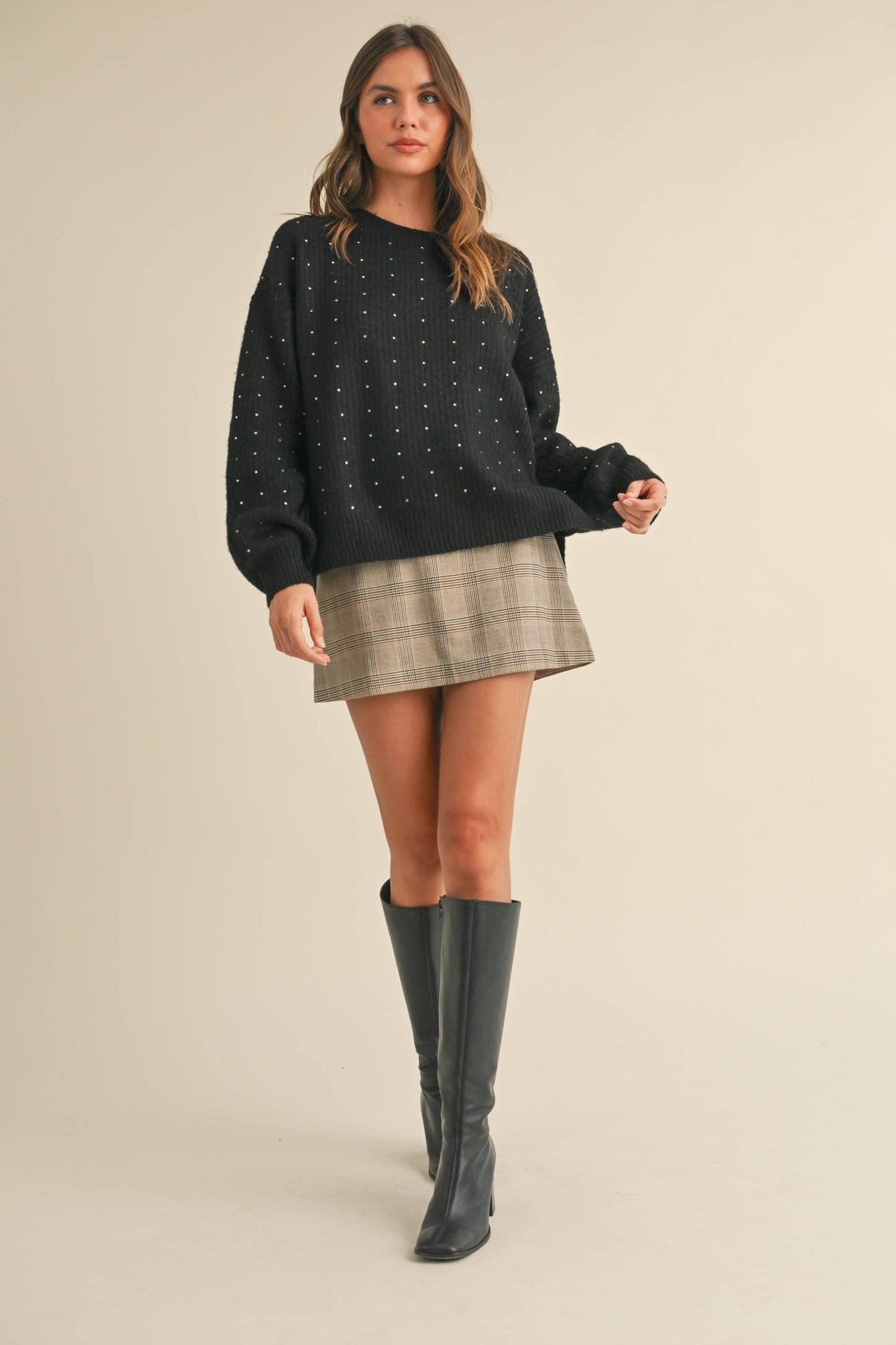 Klesis - IT4000 FUZZY SOFT RHINESTONE SWEATER KNIT TOP: Black / M