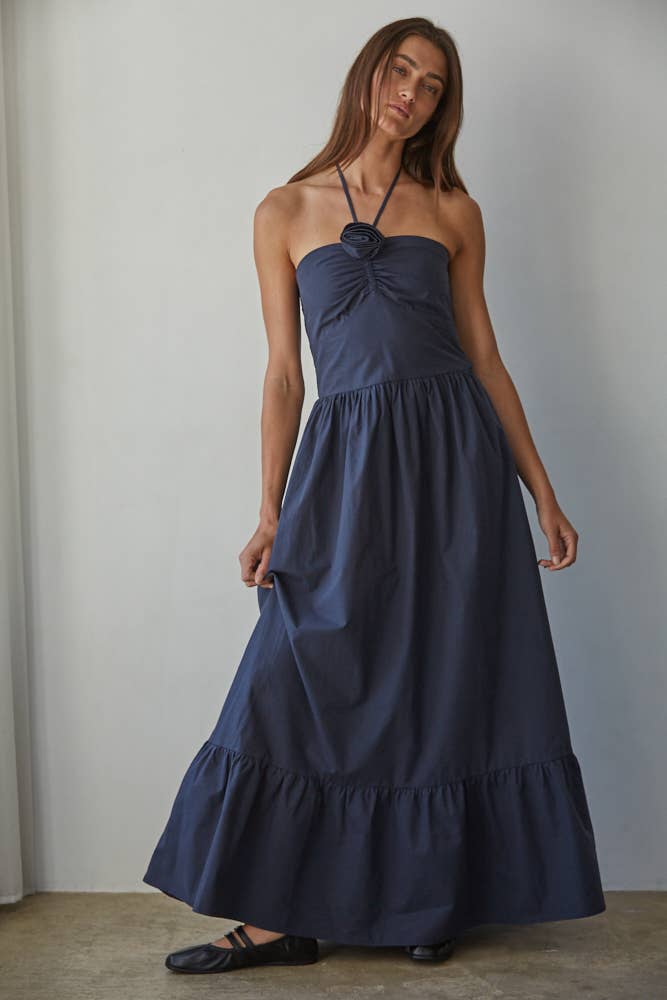 L8437 | Woven Cotton Spaghetti Halter Neck Flare Maxi Dress : Chocolate