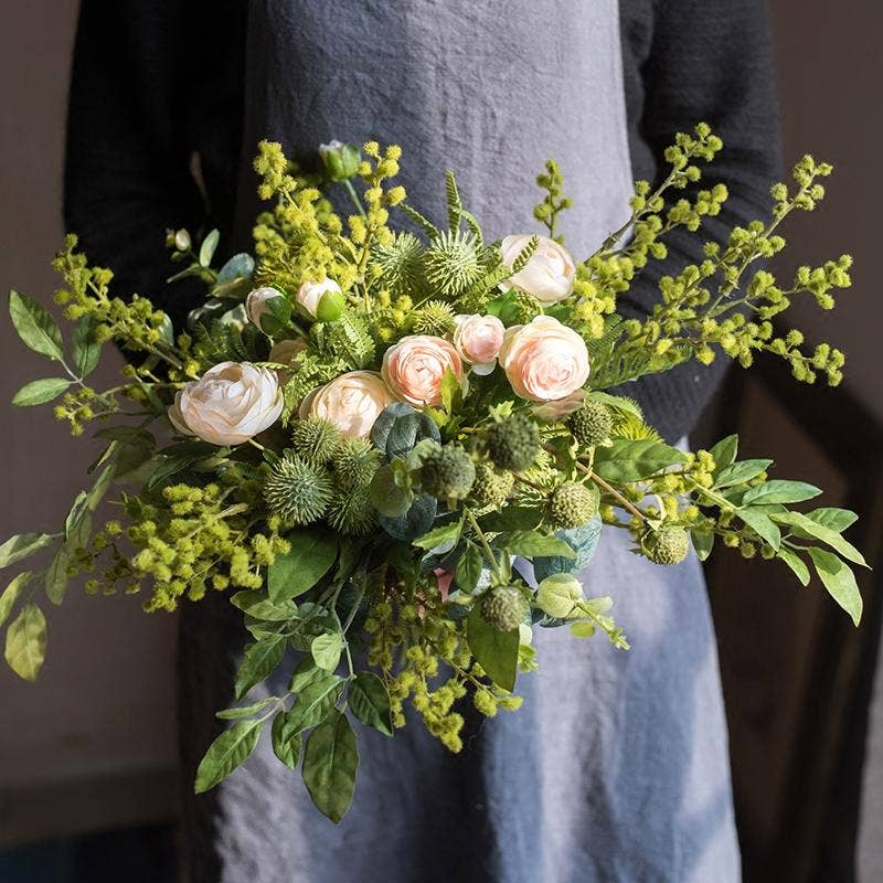 Rustic Reach - Artificial Flower Bouquet Greenery White Rose Bouquet 13" Ta