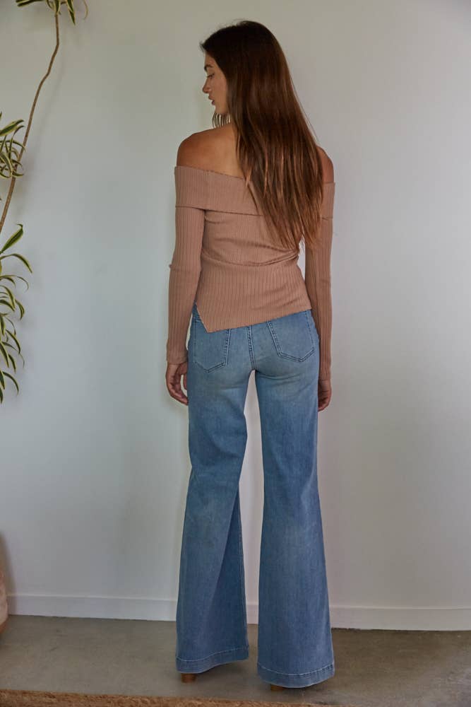 Knit Ribbed Fold Over Off The Shoulder Top: Light Brown