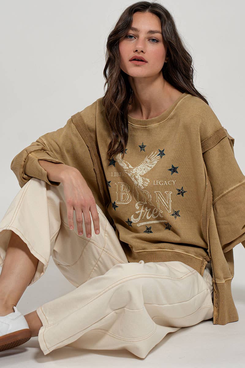 Born Free Eagle Stars Western Oversized Crewneck Sweatshirt: MISTED YELLOW