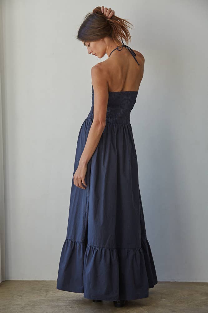 L8437 | Woven Cotton Spaghetti Halter Neck Flare Maxi Dress : Chocolate