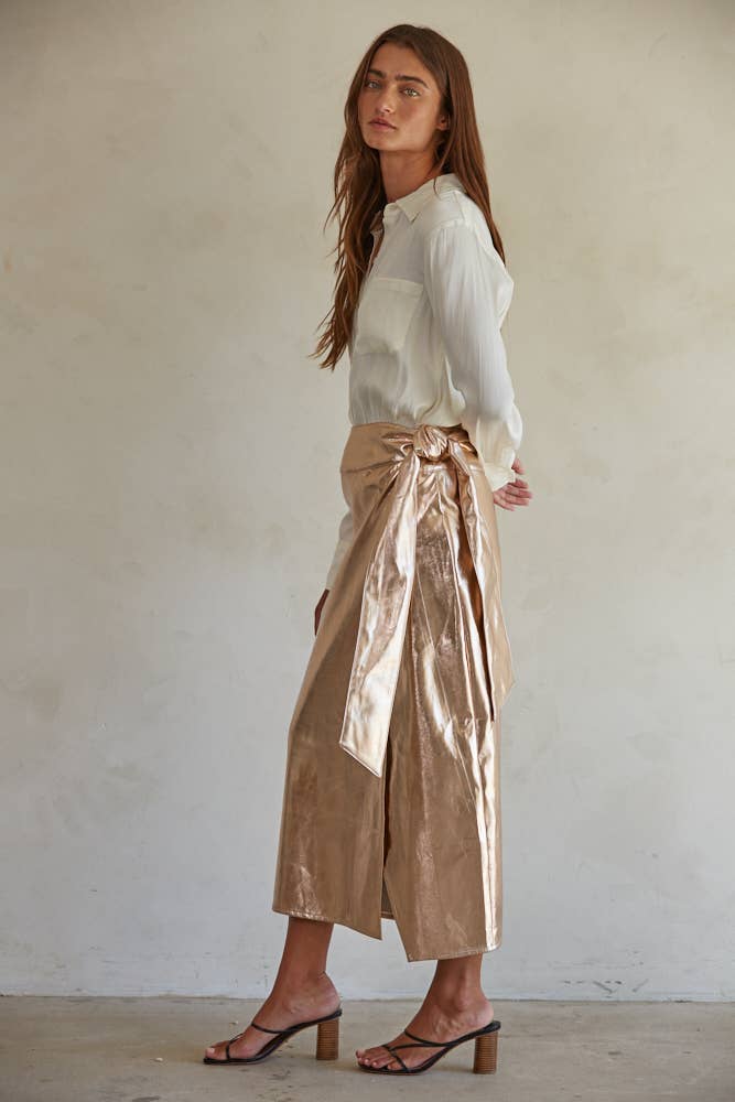 By Together - L7638 | Woven PU Tie Strap Detail Wrap Midi Skirt: Rose Gold