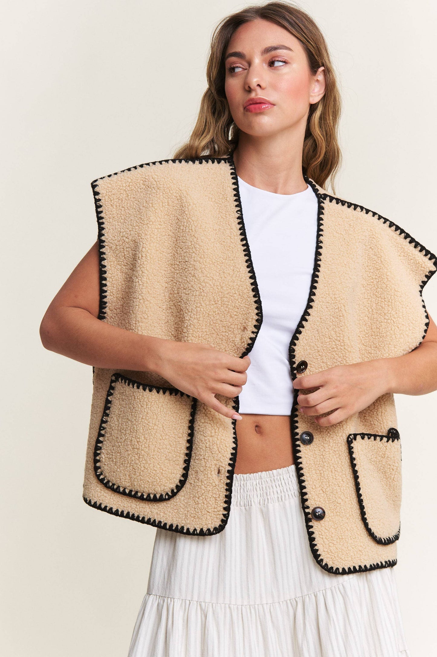 In the Beginning - Taupe Fuzzy Sherpa Vests Jacket: Taupe