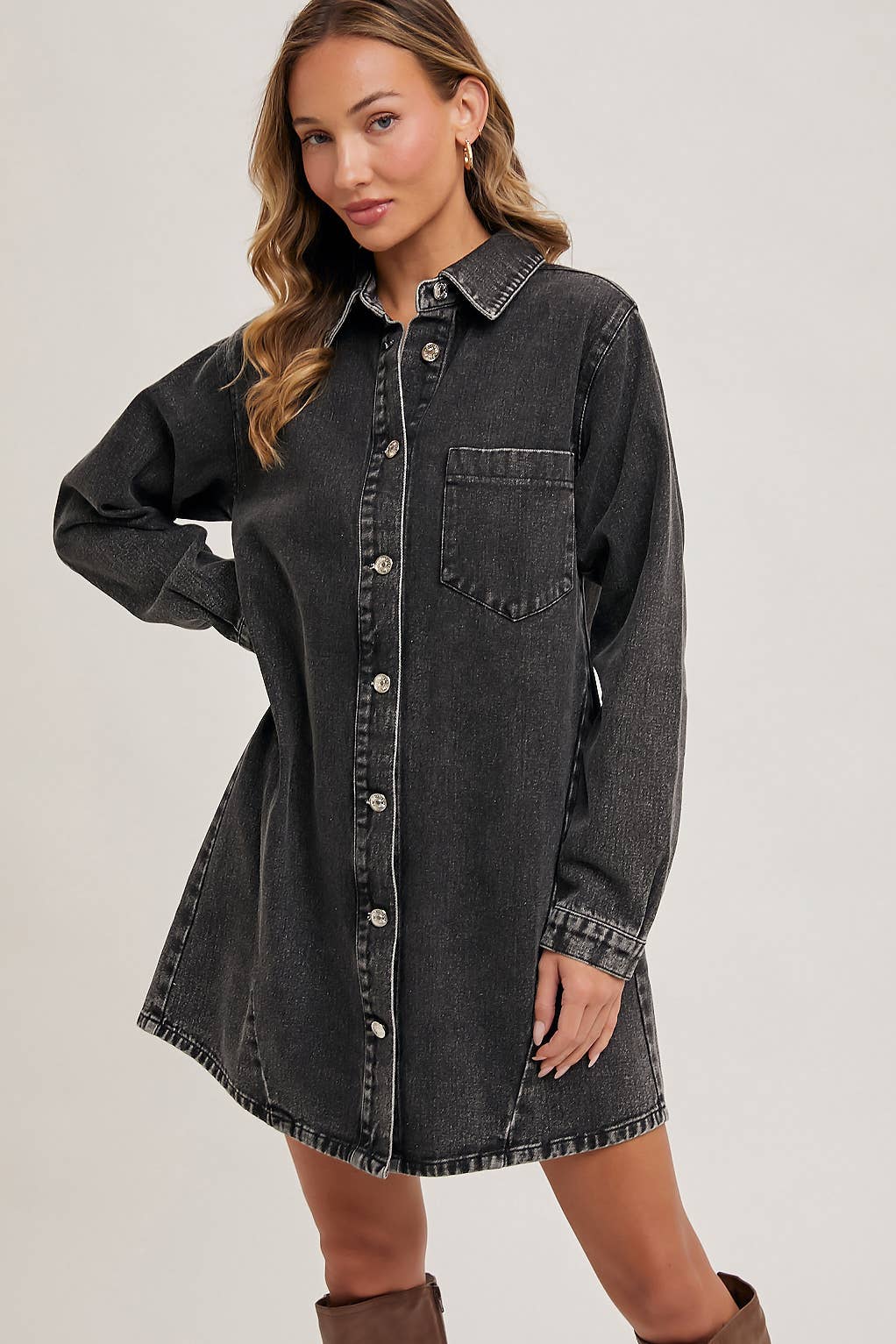 Bluivy - DENIM BUTTON DOWN SHIRT DRESS: WASHED BLUE