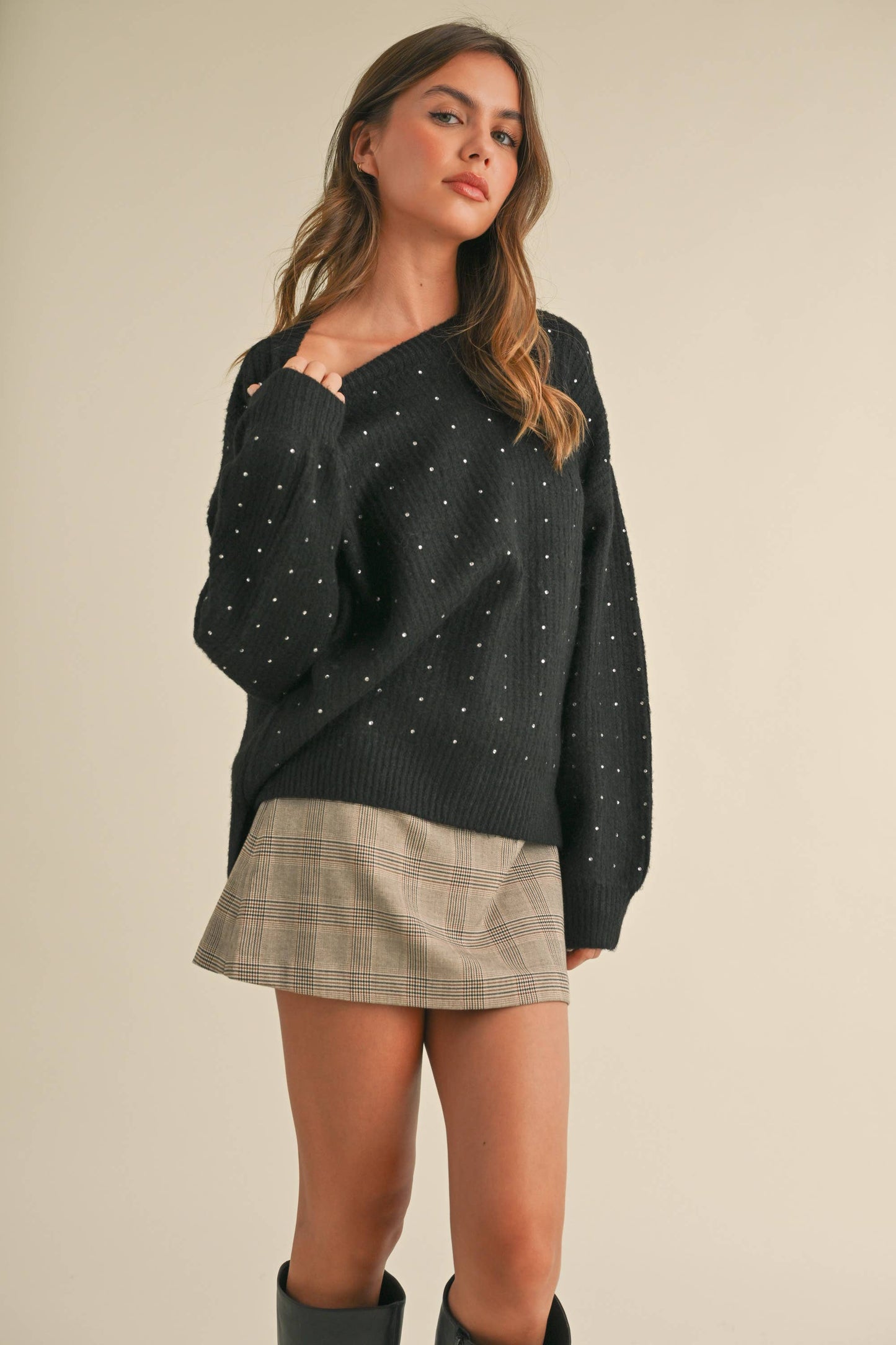 Klesis - IT4000 FUZZY SOFT RHINESTONE SWEATER KNIT TOP: Black / M