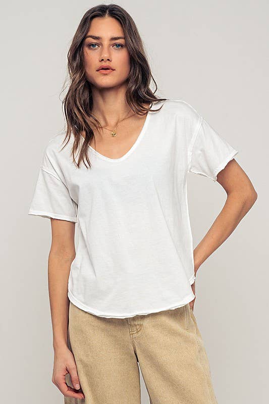 Vintage Washed Scoop Neck Exposed Stitch Detail Graphic Tee: WHITE