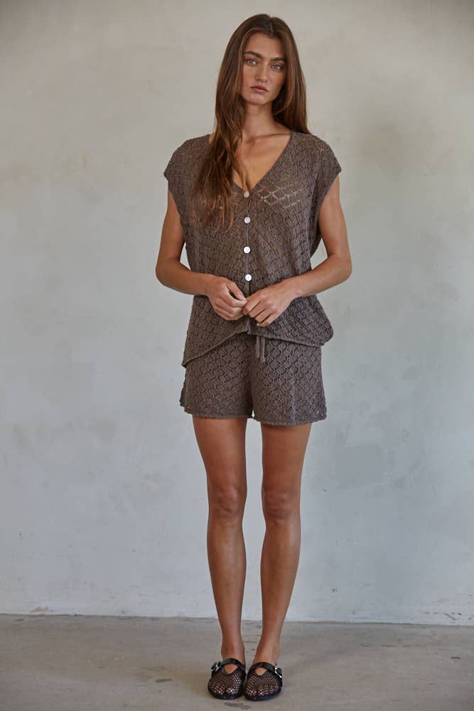 By Together - W1883 | Knit Sweater Cotton Buttondown V-Neck Sleeveless See: Chocolate
