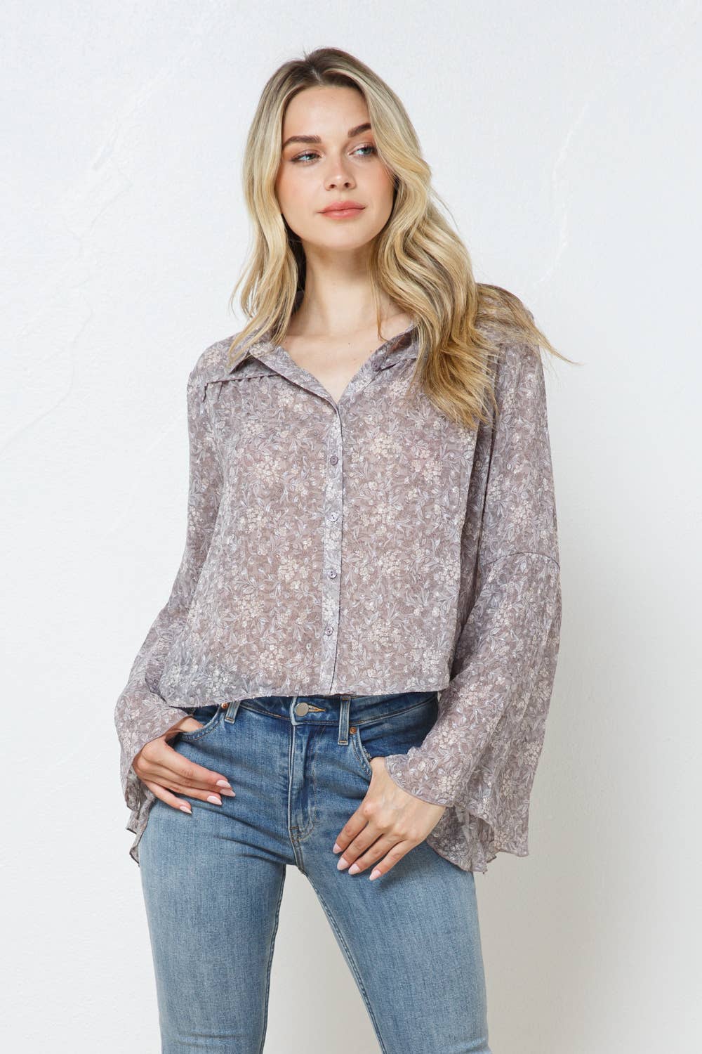 Blue B - 22079T - Chiffon Clip Dot Jacquard Button Bell Sleeve Blouse: GREY