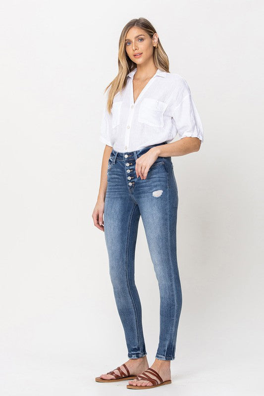 HIGH RISE BUTTON UP ANKLE SKINNY