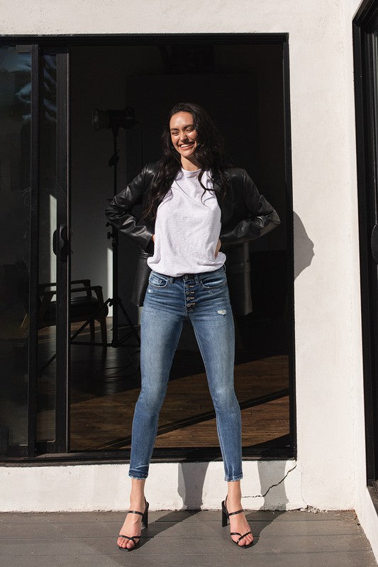 HIGH RISE BUTTON UP ANKLE SKINNY