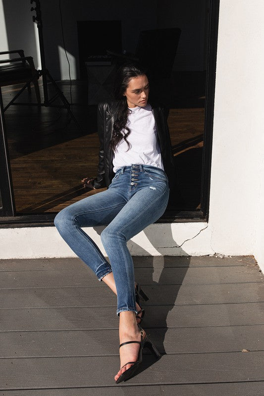HIGH RISE BUTTON UP ANKLE SKINNY