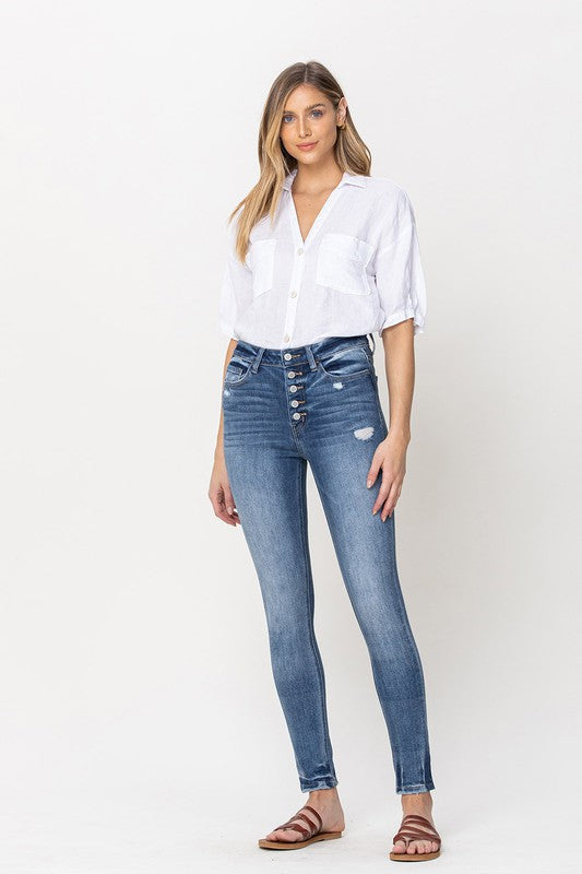 HIGH RISE BUTTON UP ANKLE SKINNY