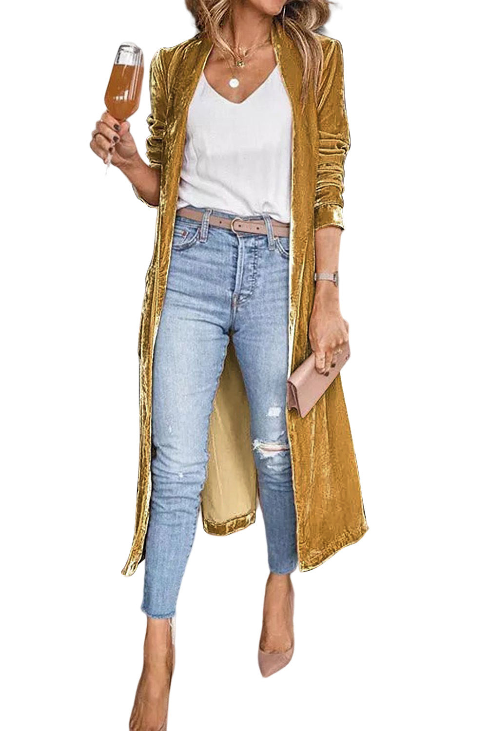 Velvet Open Front Pocketed Long Duster