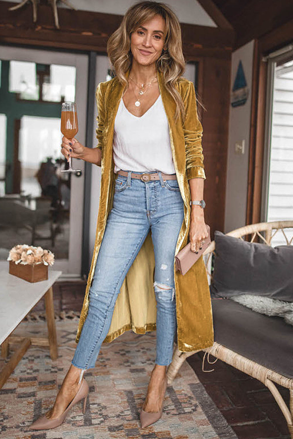 Velvet Open Front Pocketed Long Duster