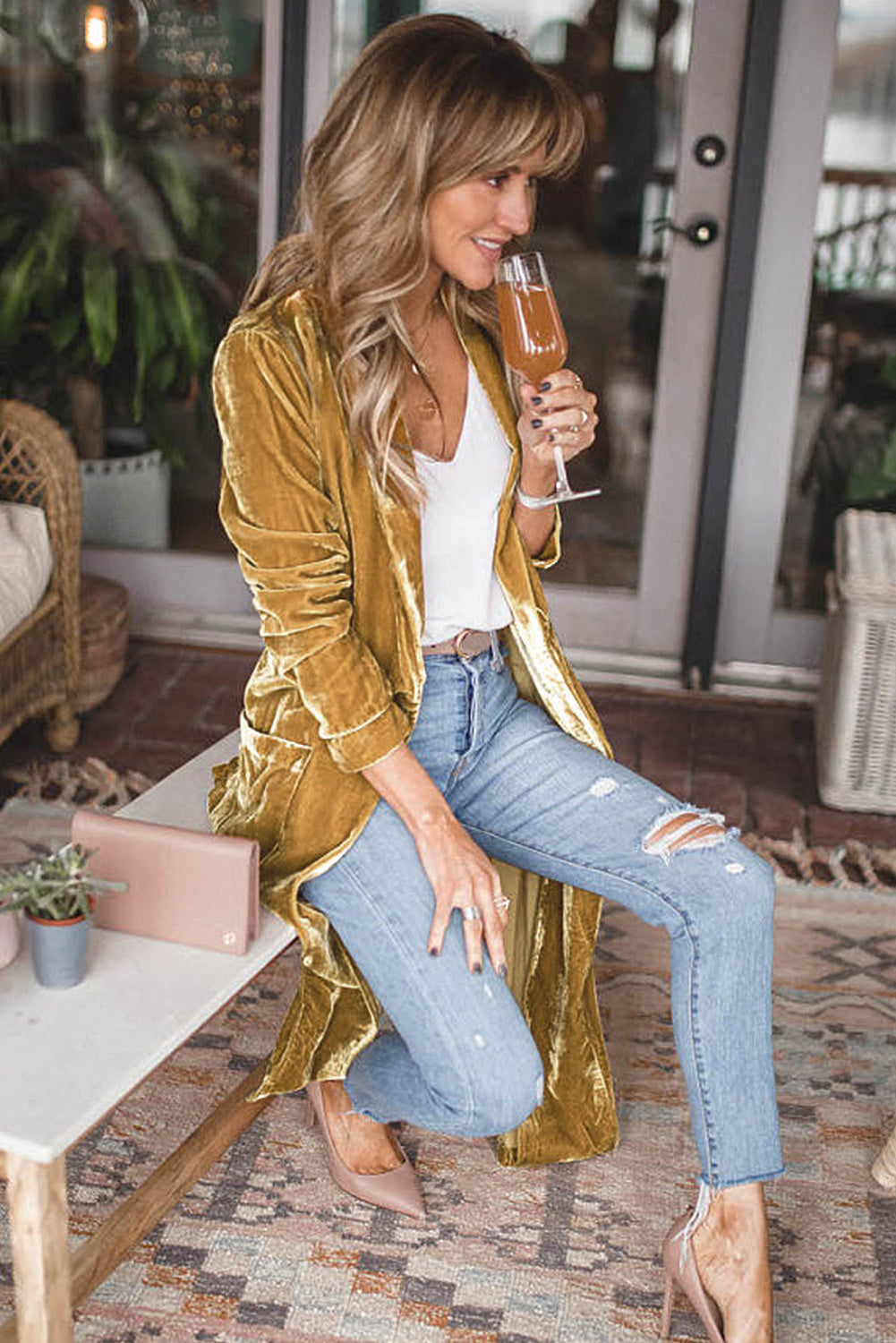Velvet Open Front Pocketed Long Duster