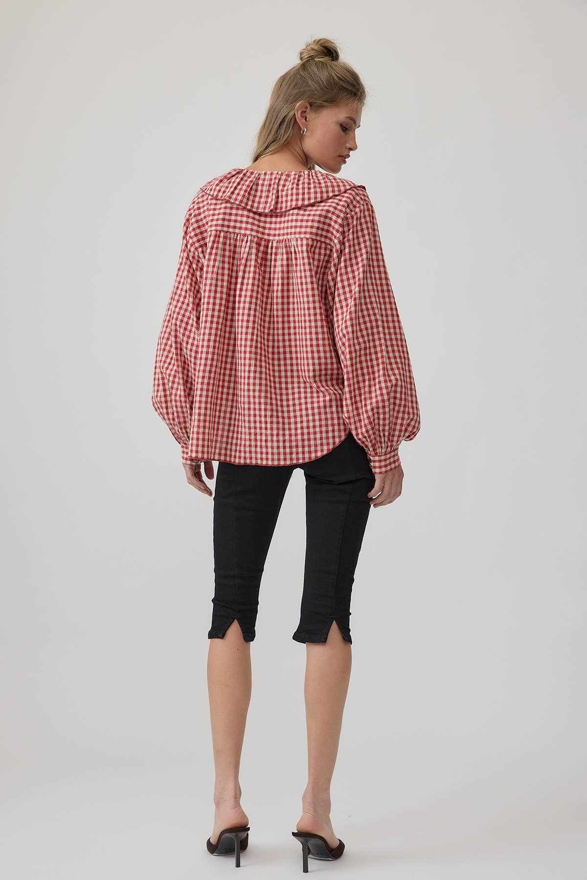 RAISONNEL - Gingham Ruffle Collar Button-Up Blouse - RT1317: BLACK / S-M-L (3-2-1)