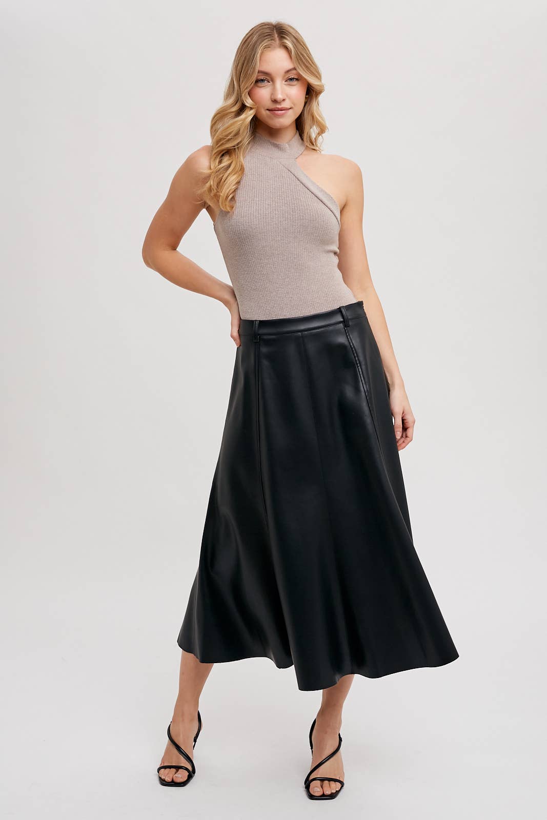 FAUX LEATHER FLARE MIDI SKIRT: Black