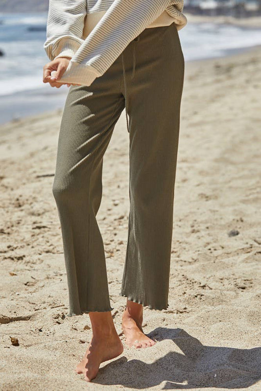 RJ2709 | Knit Rib Waist Tunnel Wide Leg Pants: Dark Olive