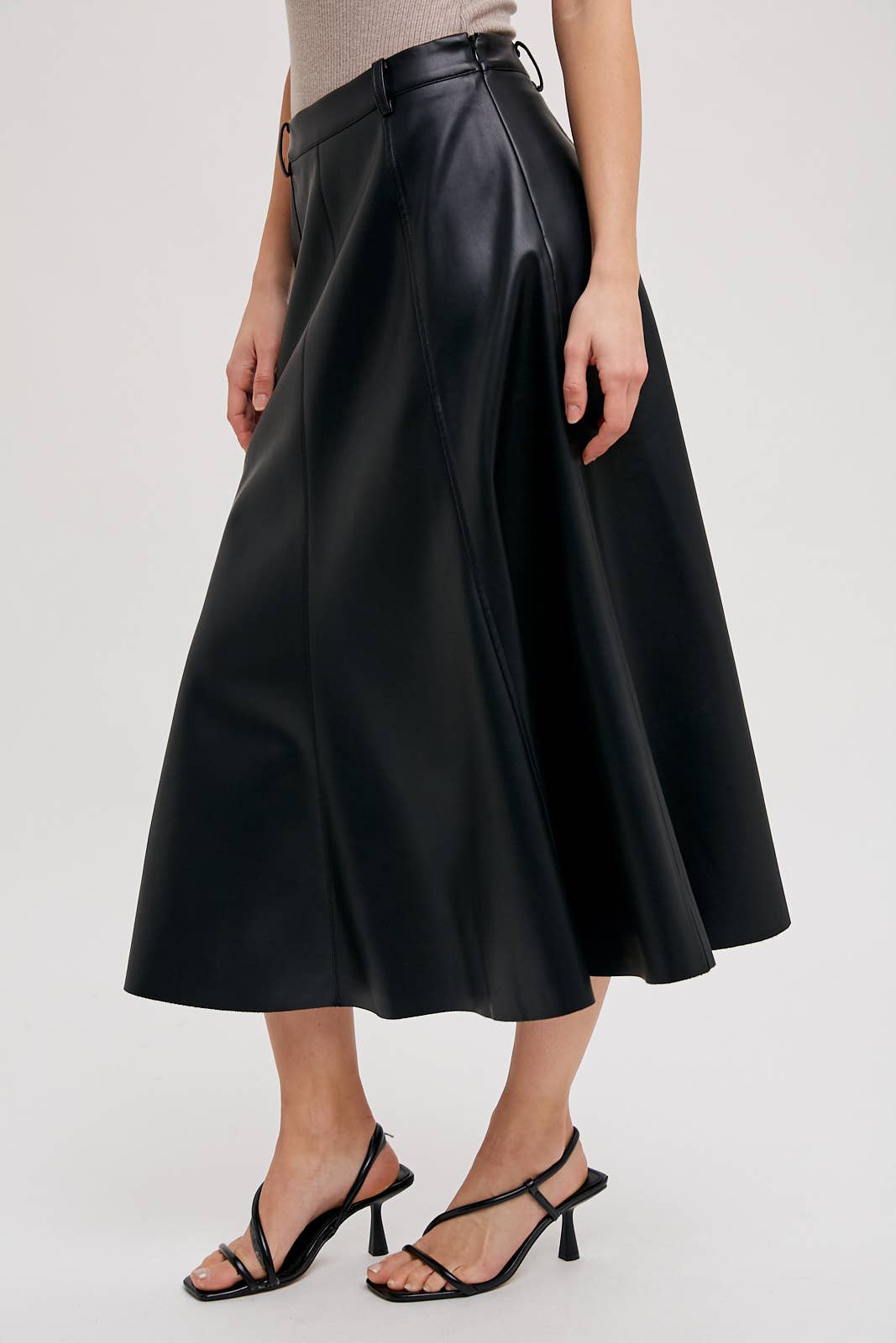 FAUX LEATHER FLARE MIDI SKIRT: Black