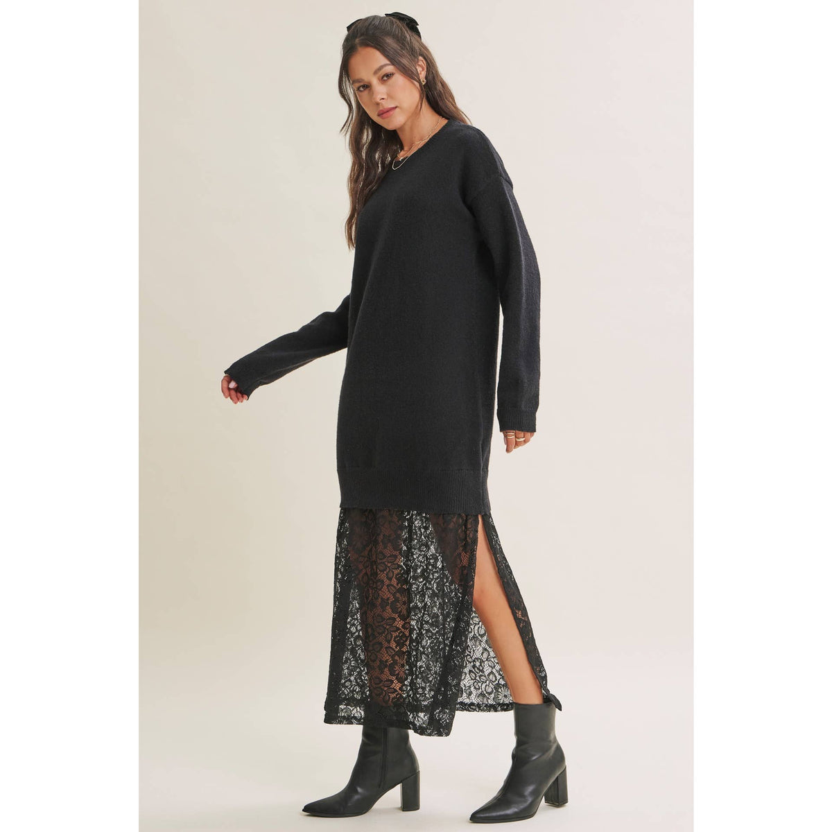 in february - SNOWFALL ROMANCE LACE LAYERED SWEATER MAXI TWOFER DRESS: BLACK
