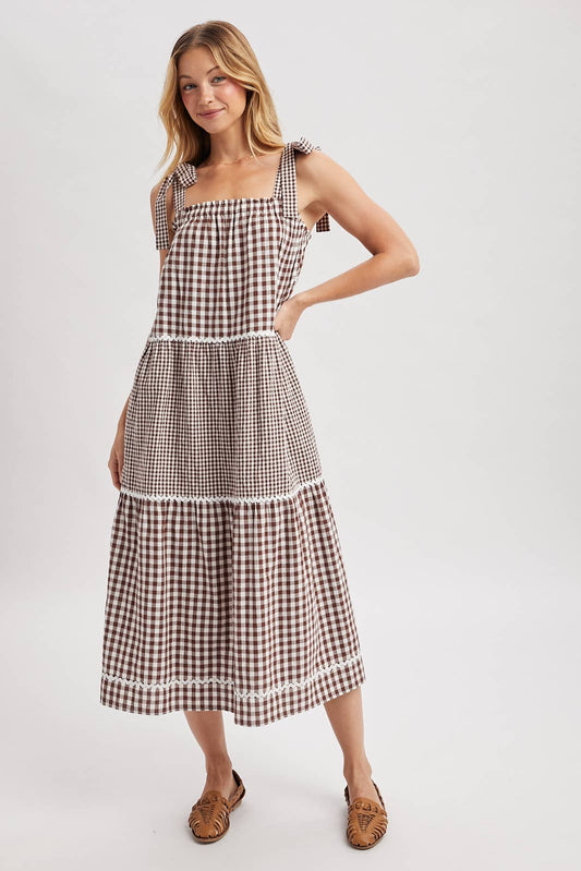 MULTI-GINGHAM TIERED MIDI DRESS /CHOCO/CREAM
