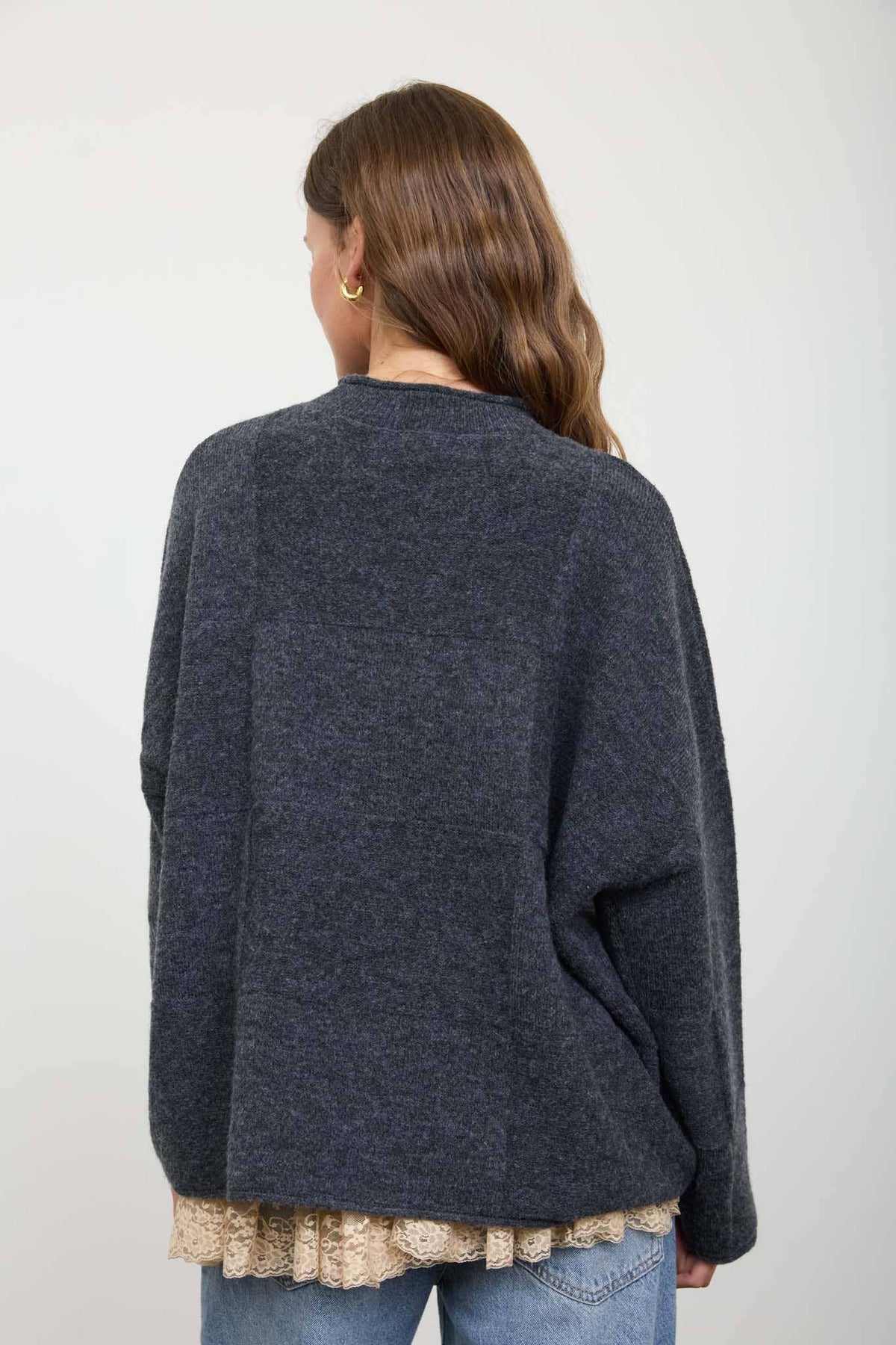 Blu Pepper - HEATHERED CHECKERED TEXTURE LONG SLEEVE SWEATER: CHARCOAL