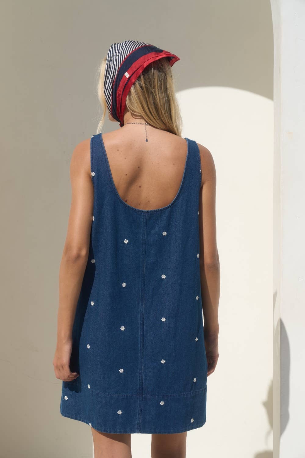 Embroidered Denim Sleeveless Mini Summer Dress: DENIM BLUE