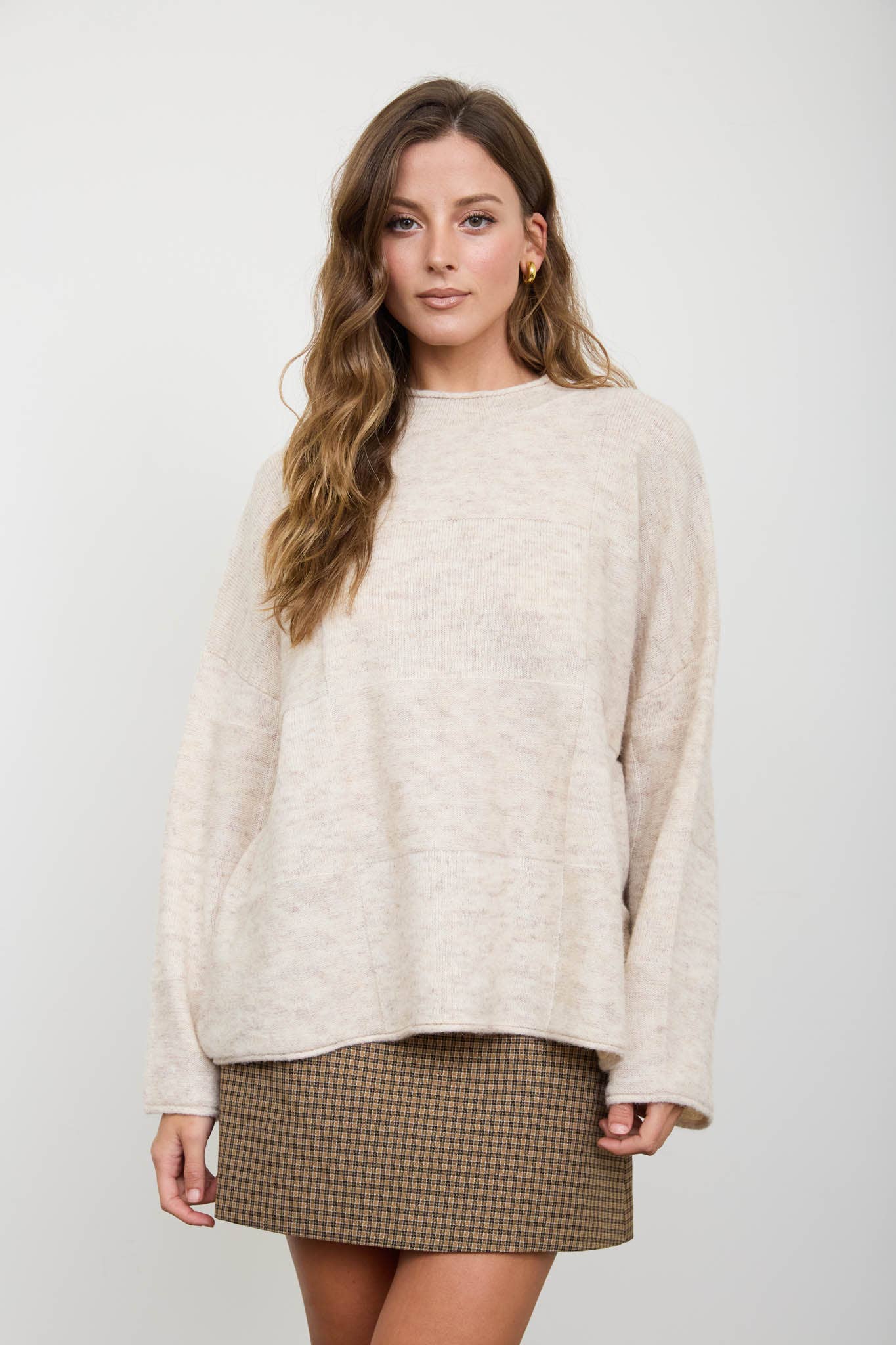 Blu Pepper - HEATHERED CHECKERED TEXTURE LONG SLEEVE SWEATER: CHARCOAL