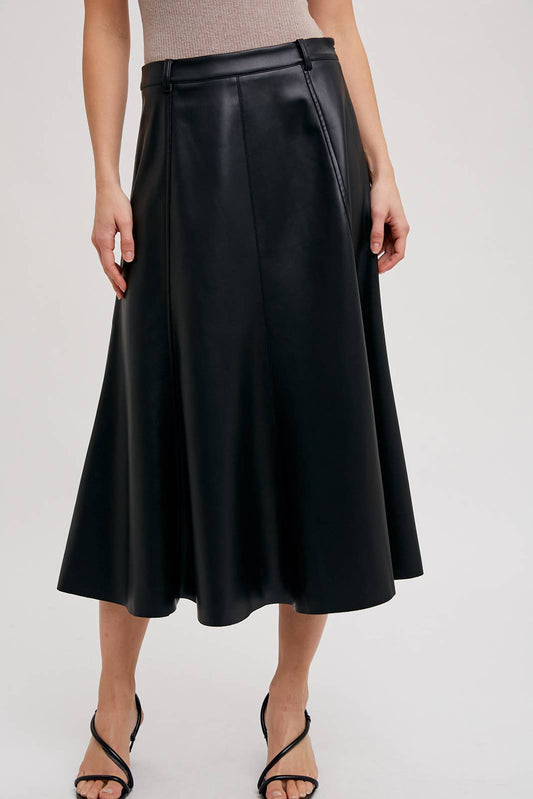 FAUX LEATHER FLARE MIDI SKIRT: Black