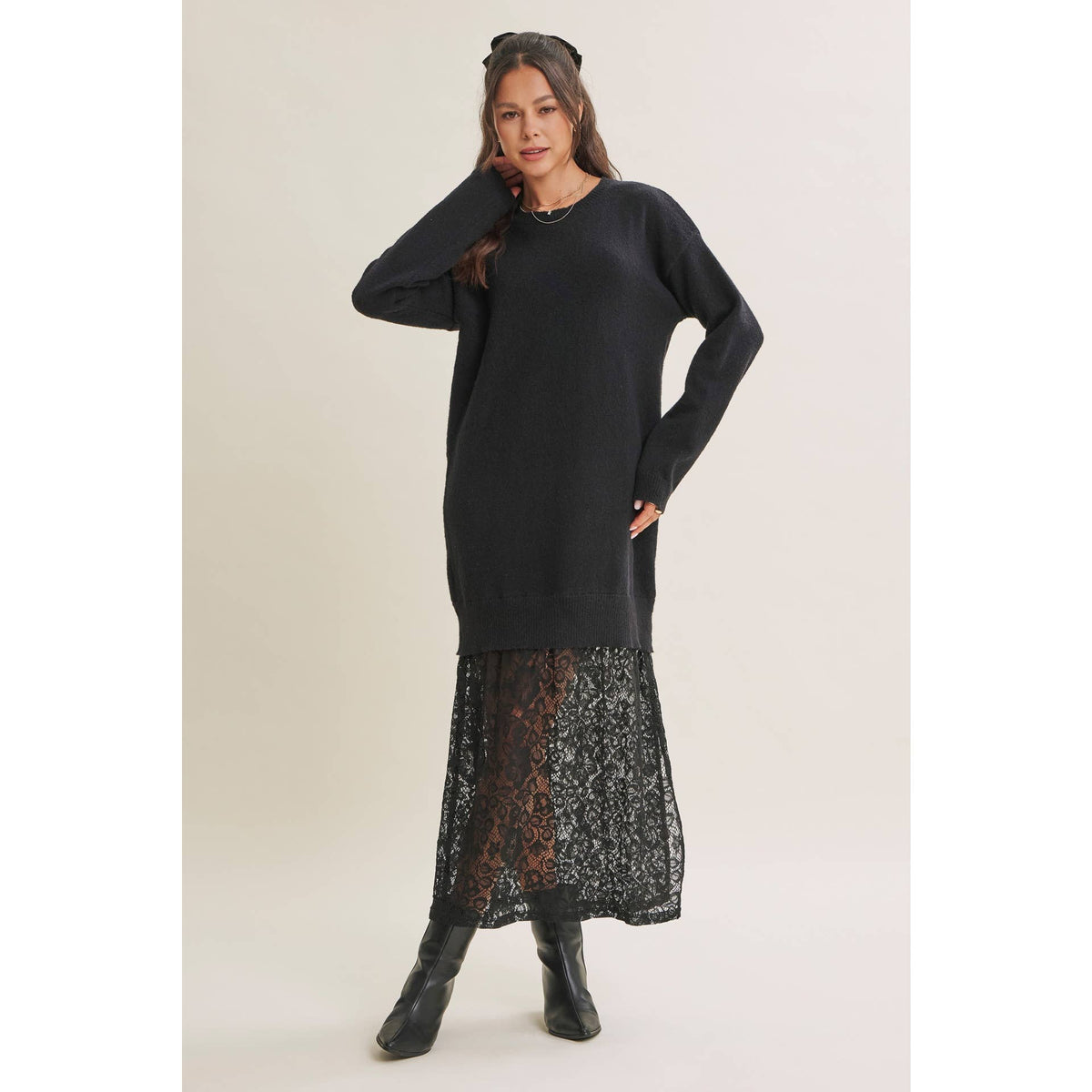 in february - SNOWFALL ROMANCE LACE LAYERED SWEATER MAXI TWOFER DRESS: BLACK