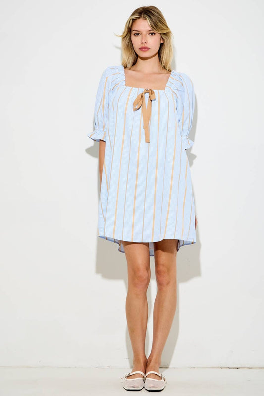 STRIPED SQUARE NECK PUFF SLEEVE MINI DRESS: BLUE