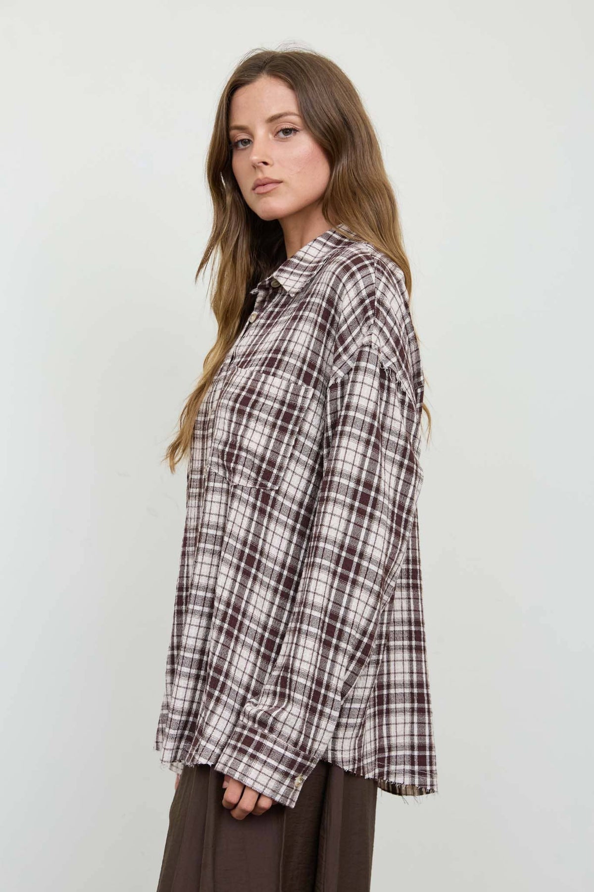 Blu Pepper - PLAID COLLARED BUTTON DOWN DISTRESSED TOP : BROWN