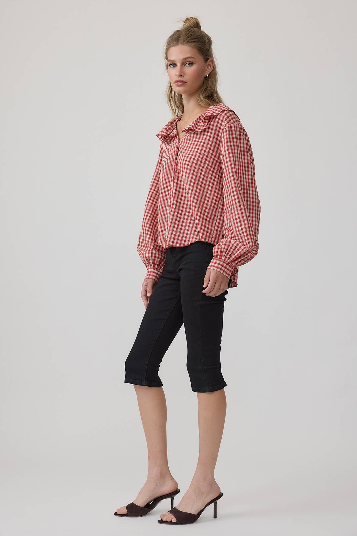 RAISONNEL - Gingham Ruffle Collar Button-Up Blouse - RT1317: BLACK / S-M-L (3-2-1)
