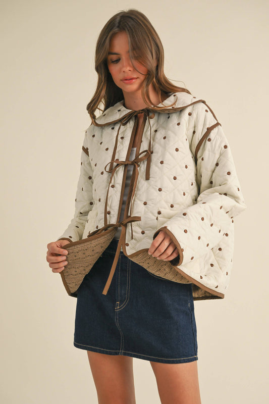 POLKADOT EMBROIDERED QUILTED JACKET: CREAM