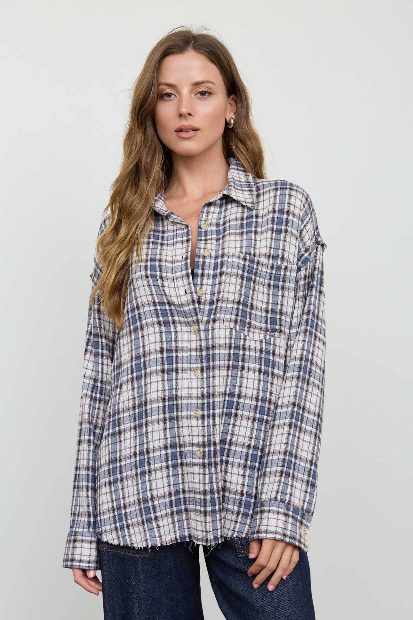 Blu Pepper - PLAID COLLARED BUTTON DOWN DISTRESSED TOP : BROWN