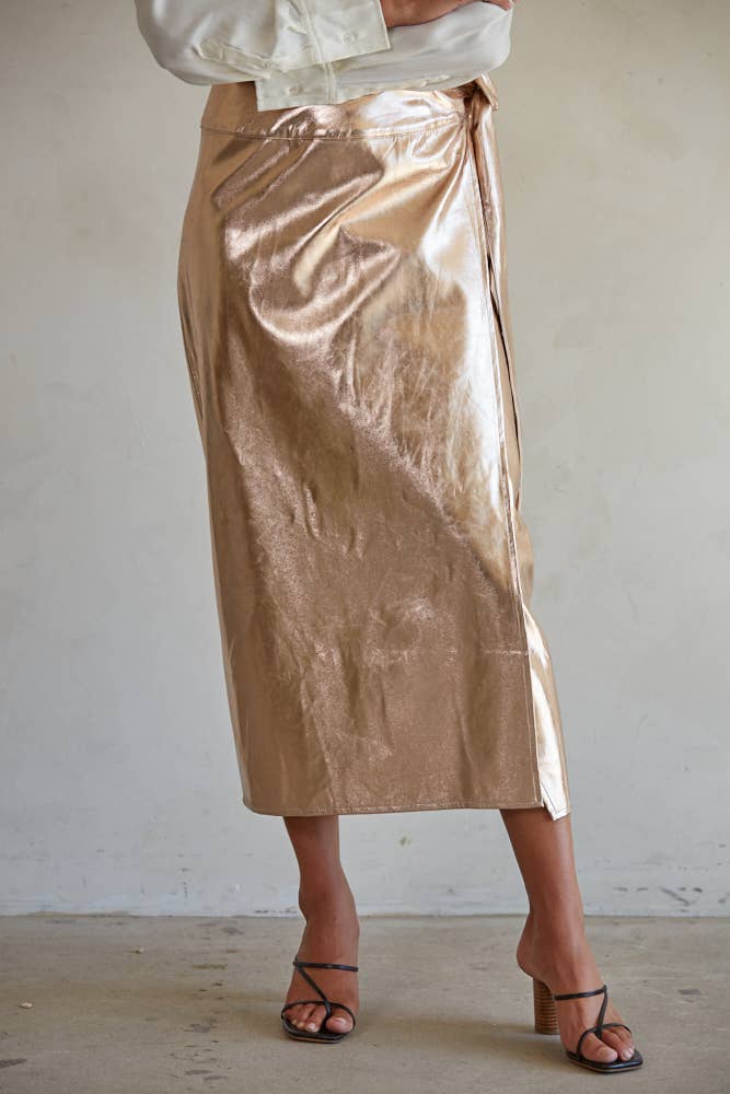 By Together - L7638 | Woven PU Tie Strap Detail Wrap Midi Skirt: Rose Gold