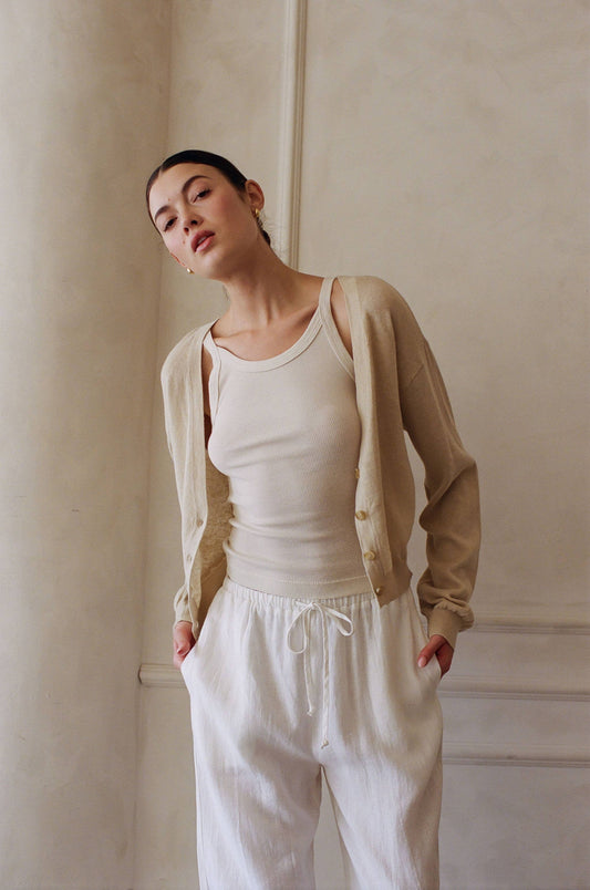 Aw1050|Knit Sweater V-Neck Button Down Cardigan: Taupe