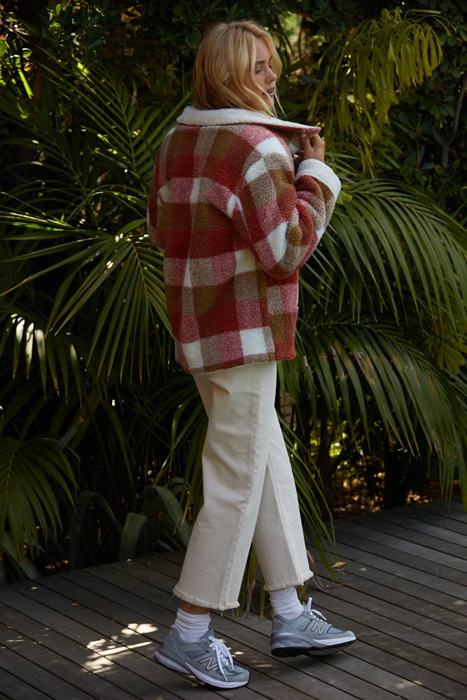 Woven Sherpa Long Sleeve Jacket: Brick Multi