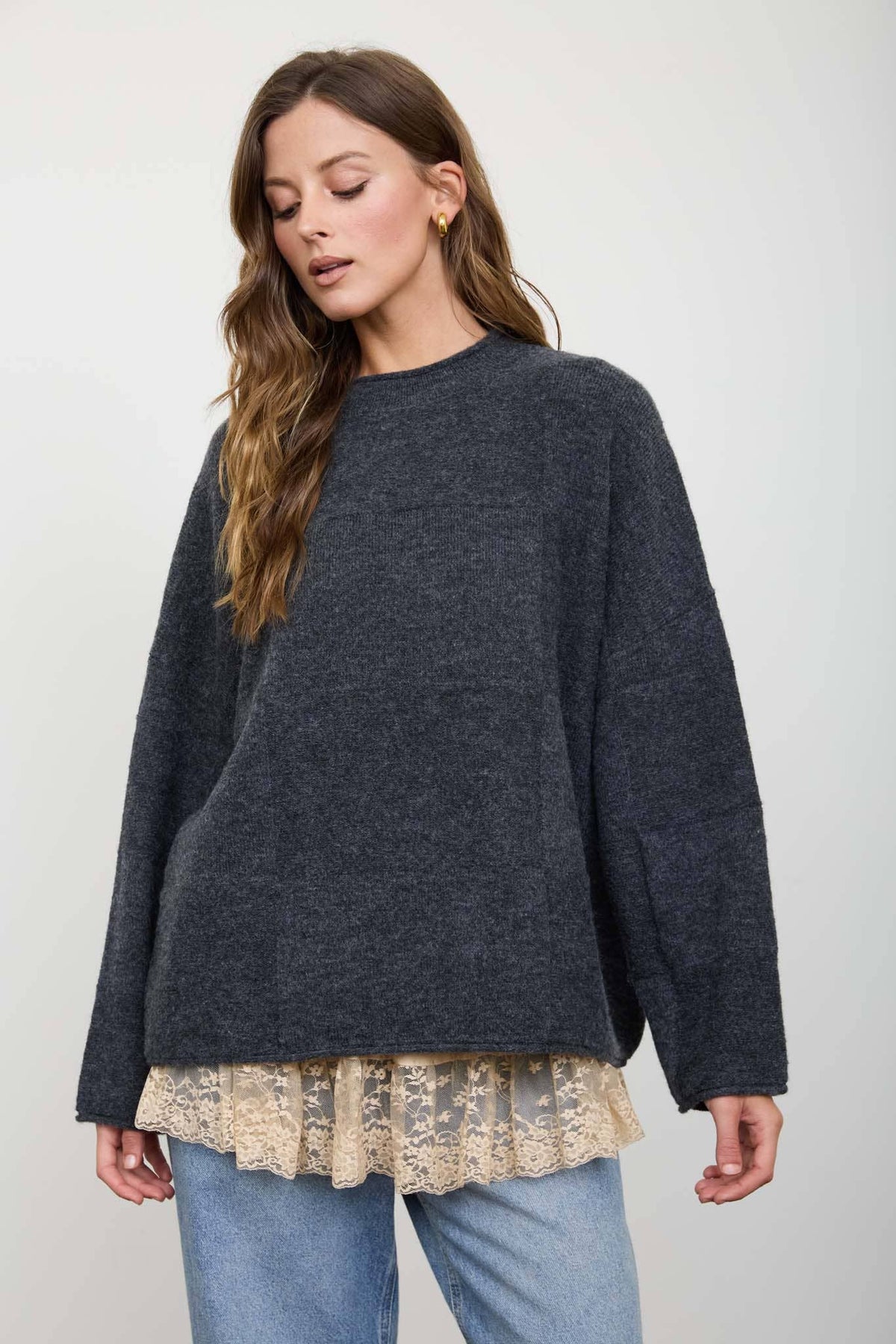 Blu Pepper - HEATHERED CHECKERED TEXTURE LONG SLEEVE SWEATER: CHARCOAL