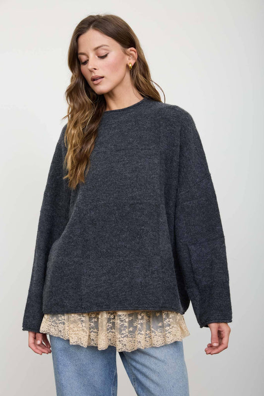 Blu Pepper - HEATHERED CHECKERED TEXTURE LONG SLEEVE SWEATER: CHARCOAL