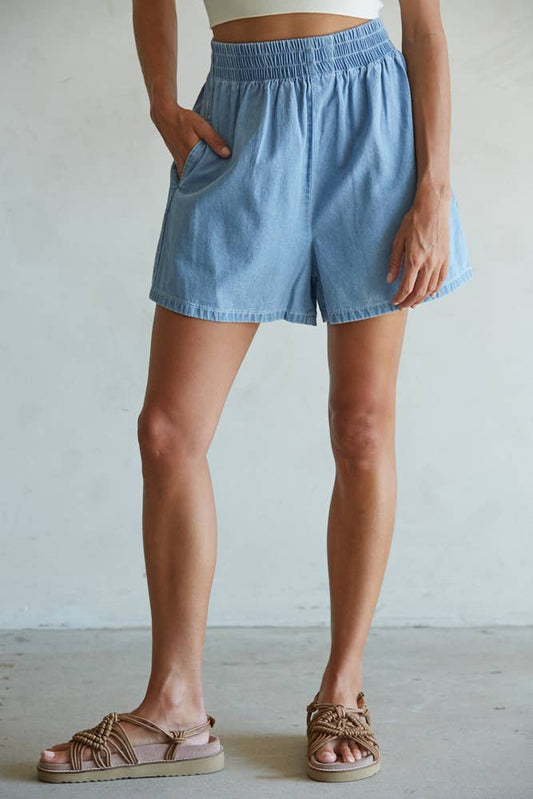 Woven Denim Cotton Wide Leg Shorts: Blue Denim
