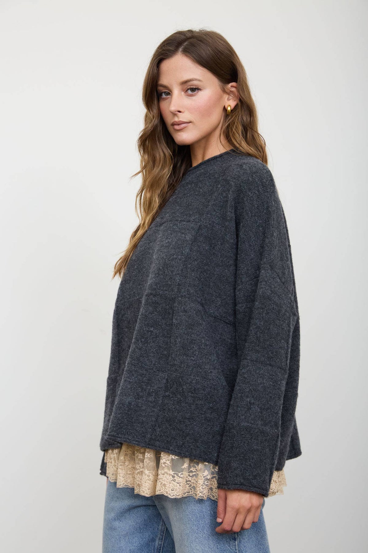 Blu Pepper - HEATHERED CHECKERED TEXTURE LONG SLEEVE SWEATER: CHARCOAL
