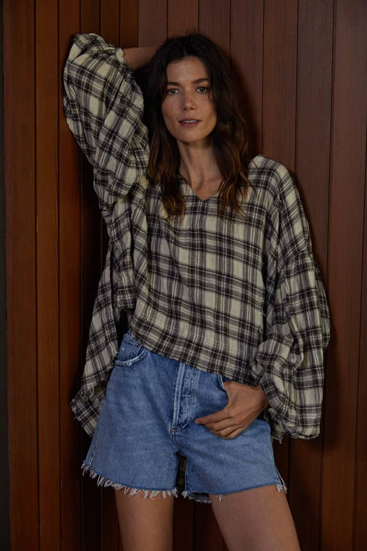 L5266 | Woven Gauze V-Neck Long Sleeve Loose Fit Top: Taupe/Black